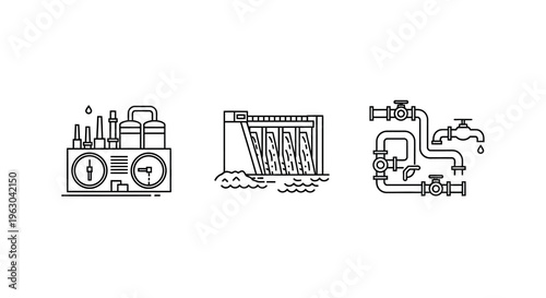 Industrial icons depicting power plants dams and plumbing systems silhouette