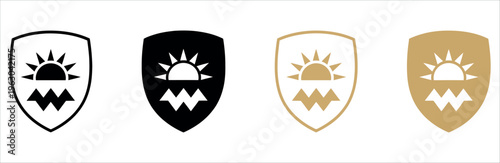 Φωτογραφία Modern vector illustration featuring four stylized shield badges with sunrise and mountain motifs, ideal for branding, logos, emblems, and corporate identity design projects