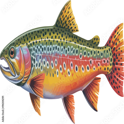 Colorful illustration of a rainbow trout fish with vibrant spots and fins