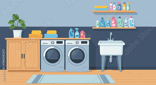 Modern Laundry Room Interior Design with Washer, Dryer, Sink, and Shelving Unit A Clean and Organized Vector Illustration