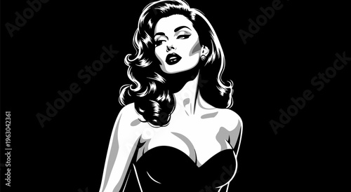 Retro Pin Up Woman Vector Illustration in Black and White, Vintage Glamour Style