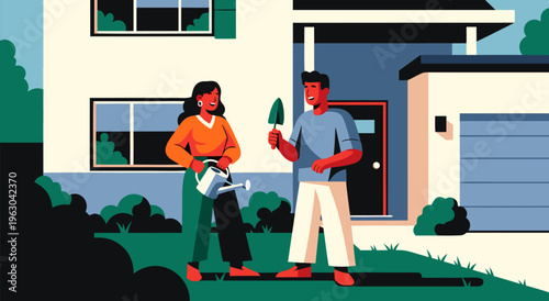 Beautiful vector illustration of a couple tending to their home garden, embracing sustainable lifestyle and outdoor activities
