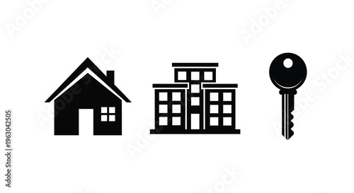 Simple house apartment and key icons in black silhouette