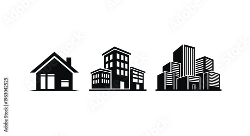 Black silhouettes of three buildings house mid rise and skyscraper silhouette