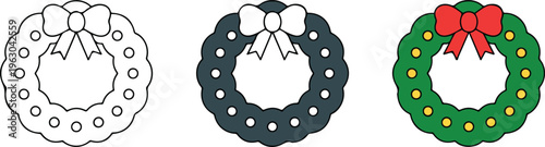 Set of Christmas wreath icons with red bows in minimalist outline silhouette and colorful flat vector holiday styles.