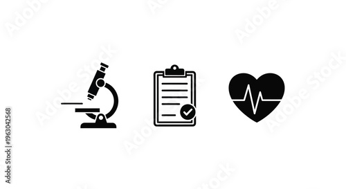 Medical icons depicting research records and cardiology a silhouette