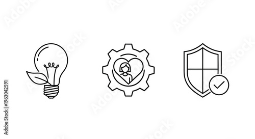 Three linear icons representing ideas protection and care silhouette