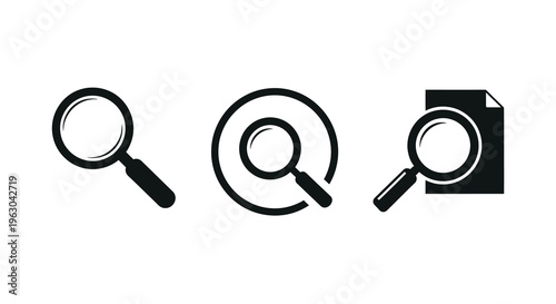 Three magnifying glasses in a row black graphic silhouette
