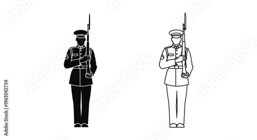 Soldier icons, military personnel illustrations, guard graphics, black and white uniforms isolated on White Background