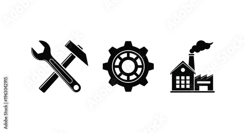 Industrial icons depicting tools gears and a factory silhouette