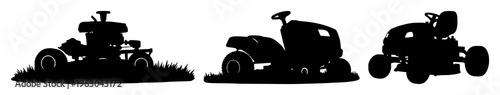 Lawn mower set with silhouette line art design featuring detailed grass, blade, wheels with mechanical and outdoor gardening equipment