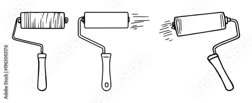 Paint roller icon set with stylized vector depiction featuring painting, tools, construction with geometry and bold lines, DIY