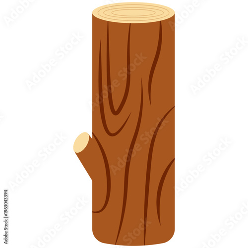 Tree stump with bark texture and small branch stubs ideal for forestry graphics and nature illustrations with flat vector style.