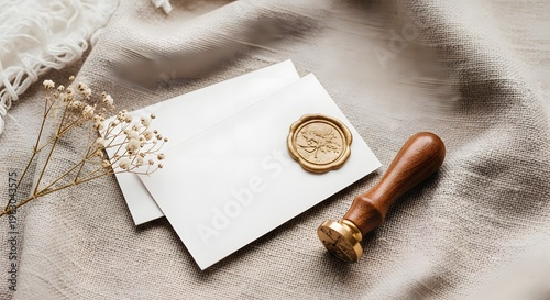 Two blank white invitation cards sealed with a golden wax stamp rest upon a textured beige linen fabric next to dried baby's breath flowers.