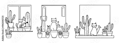 Continuous one Line Drawing of Vector Cute Cactus. Black and White Sketch House Plants with a cat and a watering can on the window sill. set with simple line art design featuring line art, illustra...