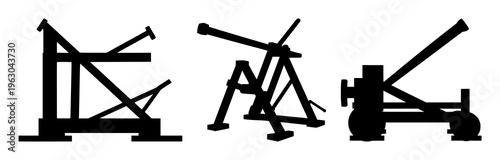 Trebuchet set with flat 2D silhouette featuring medieval siege engine, black line art, vector illustration with siege warfare and early artillery