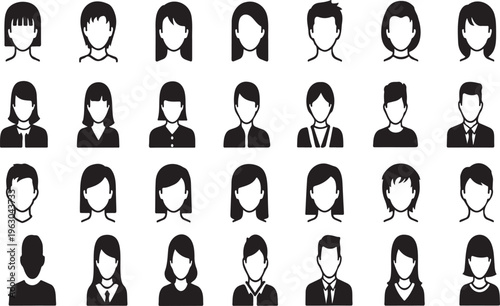 Diverse collection of stylized female avatars in black and white