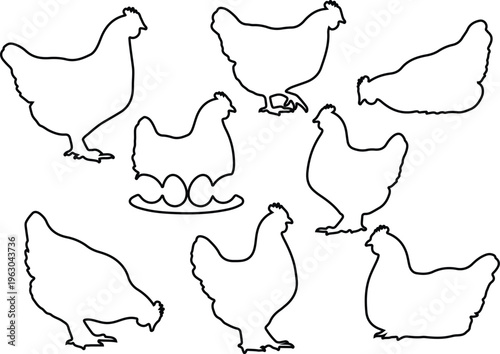 Black line drawing of multiple chickens and eggs isolated on white background