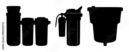 Portable water filtration device set with solid black silhouette against white background featuring survival equipment, eco‑tech design, filtration technology with adventure gear and sustainability