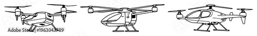 Minimalist line art of an electric vertical takeoff and landing (eVTOL) craft, urban air mobility, white background. set with simple line art design featuring simple design, minimalist, black and w...