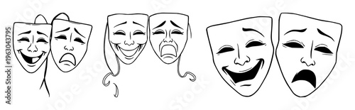 Theater masks (Joy/Sorrow) set with stylized silhouette design featuring masks, theater, comedy tragedy with black and white line art and vector illustration