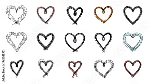 Set of expressive hand-drawn hearts in various artistic styles and strokes including charcoal, ink, and pencil on a clean white background.