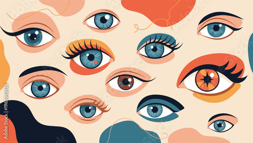 Surreal and artistic pattern of various human eyes in different colors and expressions scattered across a beige background for creative design.