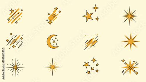 Collection of sparkling gold stars, celestial shapes, and twinkling light effects on a pale yellow background for festive or magical designs.