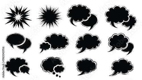Set of various solid black comic book speech bubbles and thought clouds with rough edges on a white background for bold dialogue design.