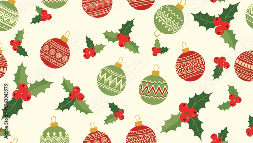 Festive seamless pattern of colorful christmas ornaments and holly berries on a cream background for warm holiday-themed surfaces and decor.