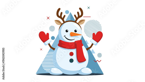 Fun cartoon snowman wearing reindeer antlers, a red scarf, and red mittens standing against an abstract blue geometric background.