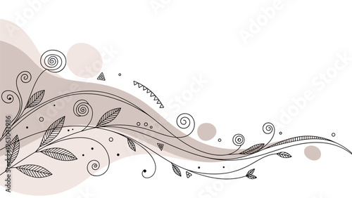 Elegant abstract background featuring swirling lines, delicate leaves, and stylized circular flowers in muted earthy tones for a sophisticated design.