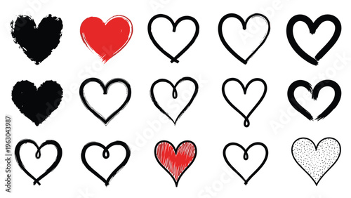 Set of expressive hand-drawn hearts in various artistic styles including brush strokes, outlines, and solid shapes in black and red on white.