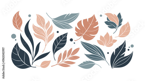 Modern botanical collection featuring various leaf shapes in a palette of navy blue, coral pink, and dusty teal for contemporary design projects.