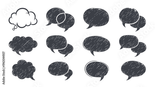 Set of dark grey speech bubbles with a scribbled diagonal texture in various shapes for an expressive and hand drawn chat effect.
