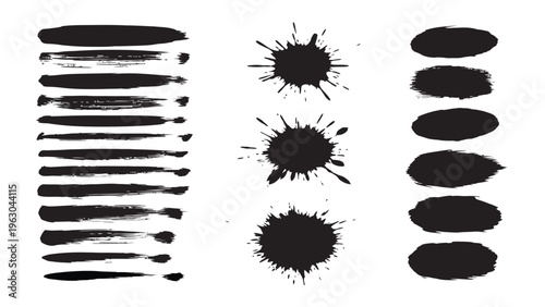 A collection of black ink splatters and brush strokes on a white background for artistic design