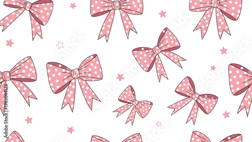 Seamless pattern with pink bows featuring white polka dots and small stars on a white background for textiles and gift wrap.