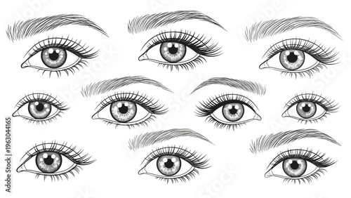 Detailed set of realistic human eye drawings in various shapes and sizes for anatomical and artistic reference or design.
