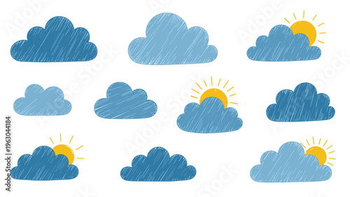 Collection of hand drawn scribble style cloud and sun icons in various shades of blue for weather and nature themes.