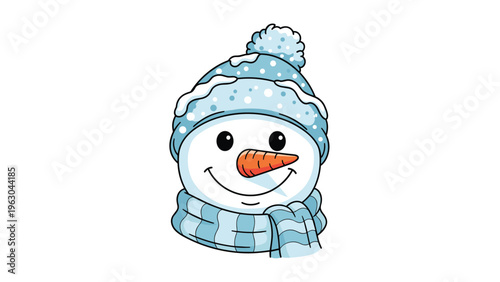 Friendly cartoon snowman face with a blue patterned hat and matching scarf isolated on a white background for winter decor.