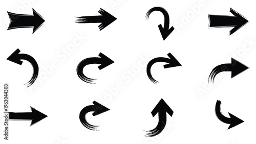 A collection of 12 black arrow icons with brush stroke effects on a white background