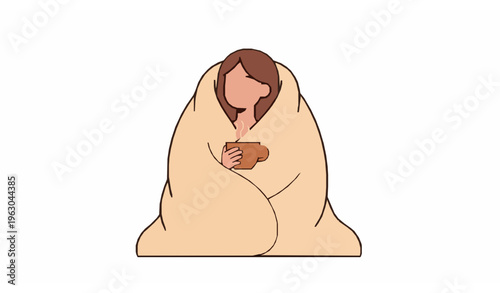 Cozy Self Care Routine Woman Wrapped in Blanket Drinking Tea Vector Illustration