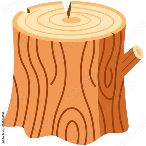 Tree stump with growth rings and small branch stubs ideal for forestry graphics and nature illustrations with flat vector style.