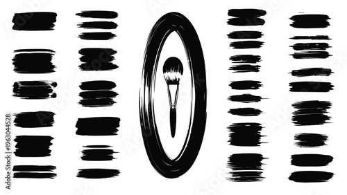 A black and white image featuring various brush strokes and a central oval shape