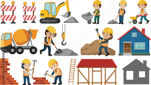 Construction workers vector set with builders tools cement mixer house scaffolding bricks safety equipment flat design illustration collection
