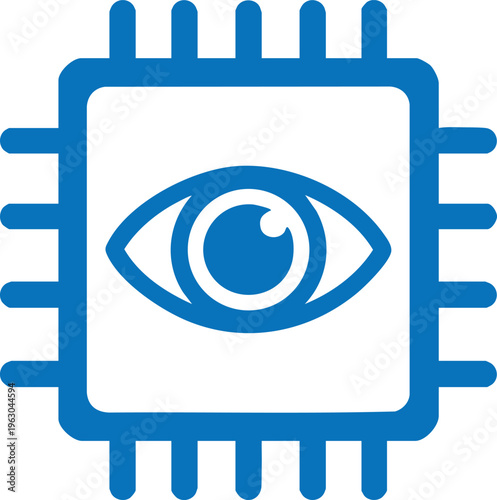a stylized depiction of a computer processor chip with an eye symbol embedded in its center, representing surveillance or artificial intelligence monitoring