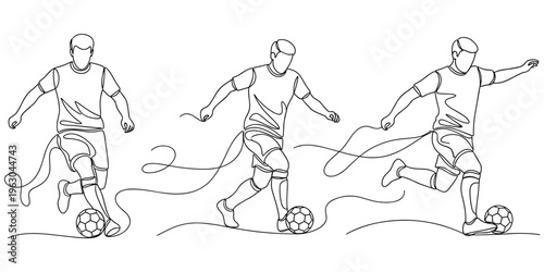 Continuous line soccer players action, dynamic football dribbling, controlling ball movement, kicking motion silhouette, athletic sports competition design, flat vector illustration