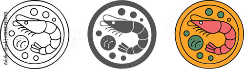 Set of shrimp seafood platter icons in minimalist outline silhouette and colorful flat vector styles for restaurant.
