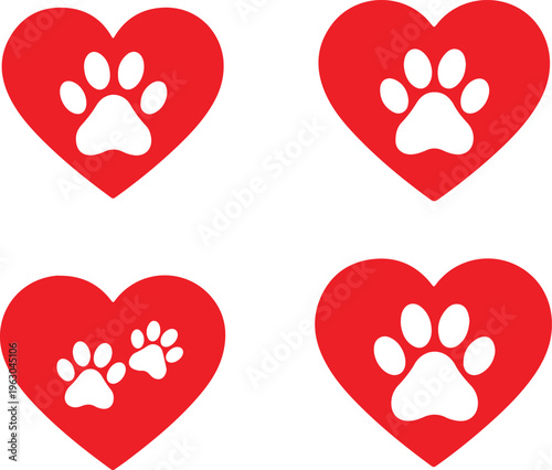 Red heart shaped pet paw print icons isolated on white background