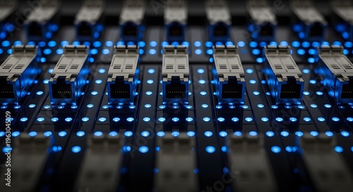 Rows of fiber optic transceiver modules glow with intense blue lights in a dark server rack indicating active data connections.